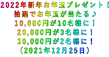 2022年新年お年玉プレゼント! 抽選でお年玉が当たる♪ 10,000円が10名様に! 20,000円が3名様に! 30,000円が2名様に! (2021年12月25日)